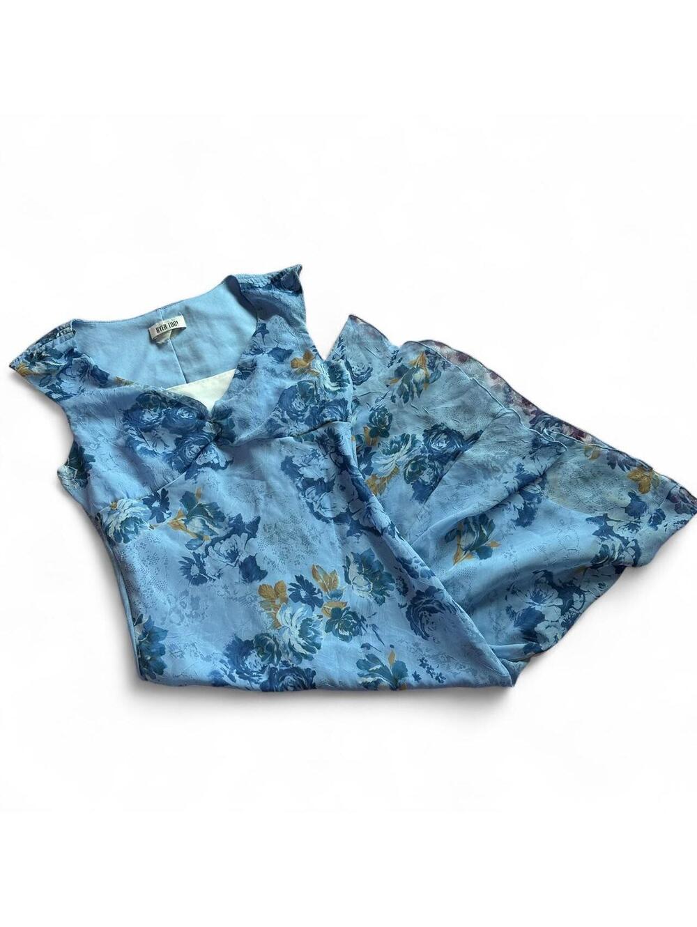 Vintage Y2K Blue Floral Crushed Chiffon Maxi Dress Twist Bust Lettuce Hem S/M